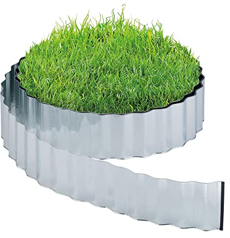 Relaxdays Rasenkante, 12m, Beetbegrenzung aus Metall, verzinkt, flexibel, Umrandung für Rasen & Beet, 16cm hoch, Silber
