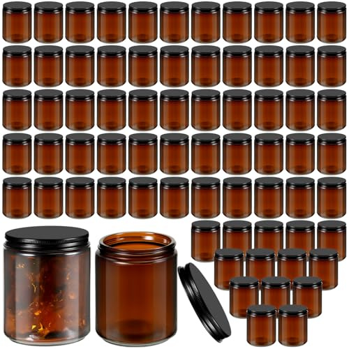 Lallisa 32 Pack 8 oz Amber Glass Jars with Black Lids, Refillable Container