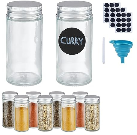 Relaxdays Gewürzgläser Set, Streueinsatz, Gewürzdosen Glas, 120 ml, mit Etiketten, Stift & Trichter, transparent/Silber