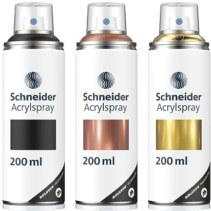Schneider Paint-It 030 Supreme DIY Acryllack 3er Set (hochdeckende Sprühfarbe, UV-beständig, 3 x 200 ml, Acrylspray für fast alle Untergründe) schwarz/copper metallic/gold metallic