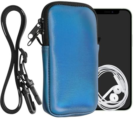 kwmobile Handytasche für Smartphones M - 5,5 - Neopren Handy Hülle Metallic Karibikblau mit Kordel - Handy Tasche mit Handykette 15,2 x 8,3 cm Innenmaße