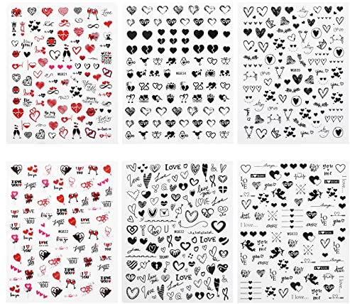 6 Blatt Nail Sticker Nagelsticker Selbstklebend Nagelaufkleber Herzform Nagel Sticker Schwarz Rot Nageltattoos Nail Art Stickers Nagel Aufkleber Nageldesign Zubehör Sticker für Nägel