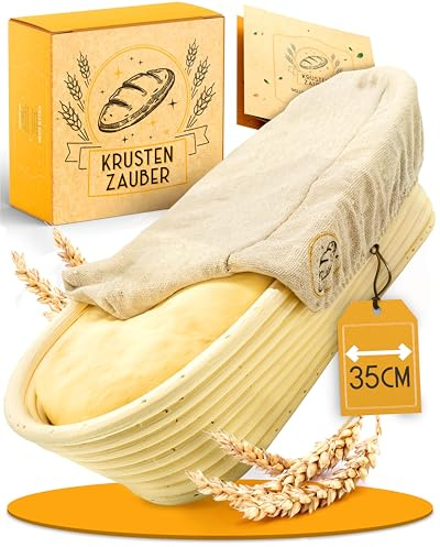 KRUSTENZAUBER 35cm Gärkorbchen aus Rattan mit Gärtuch als Brot Back Zubehör | Für gleichmäßig gegarten Teig, schönes Rillenmuster, Rattan-Gärkorb mit Gärtuch, ideal für Sauerteig, Weizen- und Roggenbrot