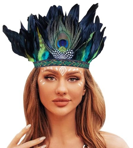 Fasching Kostüm Damen Kinder, Stirnband Indianer mit Federn Damen Kinder Indianer Kopfschmuck Pfau Feder traditionellen Stil Nordamerikanischer Indianer Haarschmuck Karneval Fasching Haarband