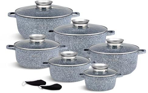 Edenberg, Set di 14 pentole marmorizzate, 1,3 l, 2,3 l, 3,3 l, 4,5 l, 5,6 l, 6,8 l, adatte per induzione. EB-8144 + cappucci