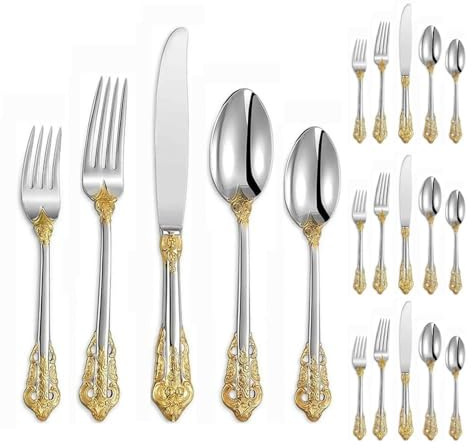 Vintage in Rilievo Fiore D'oro Cucina Acciaio Inossidabile Argenteria Stoviglie Posate Set Coltello Da Bistecca Forchetta Cucchiaio Cucchiaino Forchetta Da Dessert (Oro argento,20 pezzi)