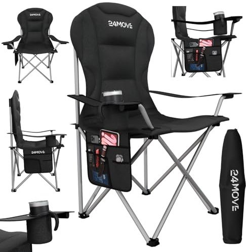 24MOVE® Campingstuhl faltbar bis 150 kg, Faltstuhl Angelstuhl Klappstuhl Gepolstert mit Armlehnen, Getränkehalter + Tasche mit hoher Rückenlehne, Strandstuhl, Klapphocker, schwarz