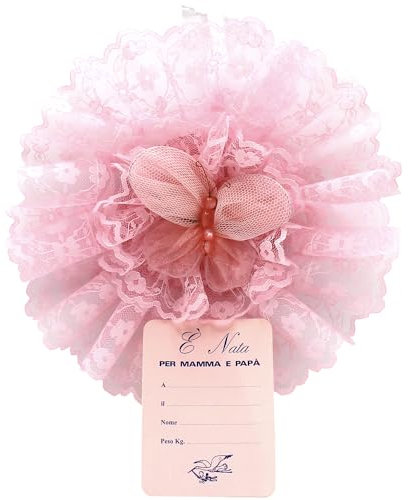Coccarda Nascita - 25 x 25cm - Fiocco Nascita per Bambino e Bambina - Coccarda con Decorazioni in Tulle e Raso, con Cartolina e Pratico Gancio (25cm-B)
