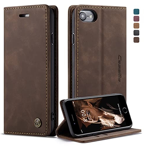 owlhold Fodral för iPhone SE 2022/SE 2020/iPhone 8/7, fodral för iPhone SE 2022/SE 2020/iPhone 8/7 magnetisk flip plånbok [stötskydd] [kickstand][kortplats] iPhone SE 2022 läderfodral - kaffe