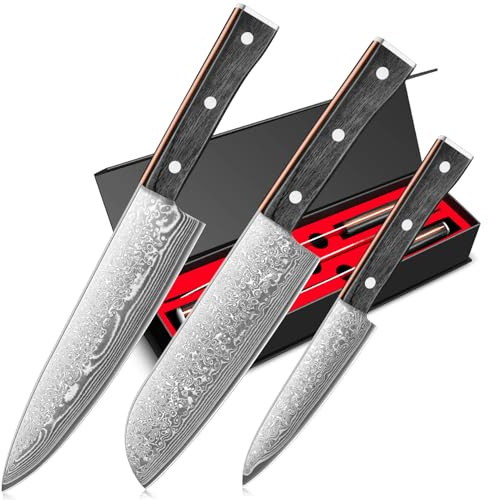 BILLION DUO Damascus Knife Set 3PCS, Chef Knife Set 67 Layer Damascus Steel, 12.3-20.5 cm Sharp Blade, Kitchen Knives Sets with Ergonomic Handle for Home Kitchen & Restaurant