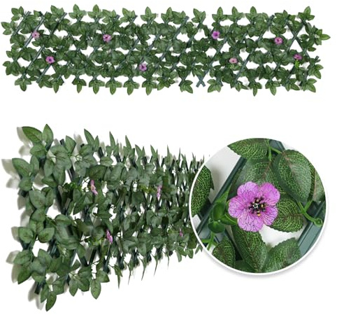 Erweiterbarer Gartenzaun-Sichtschutz mit Blume – Sichtschutz – künstlicher Efeu – Balkon – 200 x 30 cm (lila Blume)