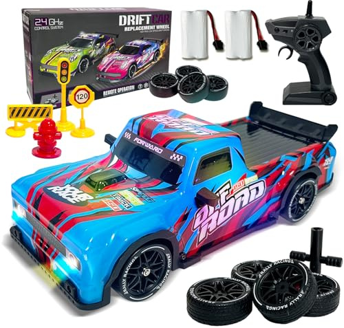 BARVERE Fjärrstyrd bil, drift Rc bil med 2 batteri, driftfunktion och LED-lampor, hobby drivbil med regndäck och torrdäck för tävlingar och offroadäventyr, RC bil för vuxna och barn