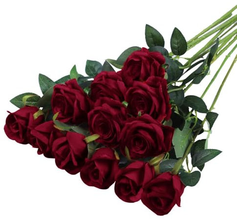PacuM 12 Stück Künstliche Rosen Seidenblumen Fake Rose 51 * 7cm Einzelne Langstielige Künstliche Rosen Realistische Kunstrosen für Brautstrauß Heiratsantrag Party Haus Garten Dekor (weinrot)