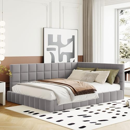 Gegtuon Polsterbett Bett 140x200 cm, Schlafsofa Sofabett Daybett, Doppelbett Tagesbett Jugendbett Bettrahmen mit Bettgestell und Lattenrost, Wohnzimmer Schlafzimmer Möbel, ohne Matratze, Samt, Grau