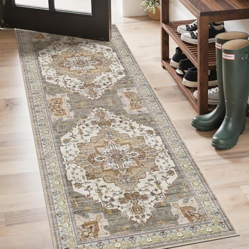 GENIMO Tapis Salon Antidérapant Vintage Oriental Tapis Lavable en Machine, À Poils Courts, Tapis Entree Interieur, Chambre, Couloir, 80x200CM, Brique