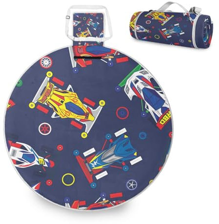 Mnsruu Große Picknickdecke, buntes Spielzeug, Autos, wasserdicht, rund, Picknickmatte, tragbarer Teppich, Outdoor, für Strand, Camping, Park, Reisen, 148 cm
