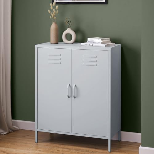 skølm Atria Kommode, mit 3 Fächern, Hellgrau, Metallschrank mit Doppeltüren | Sideboard, Mehrzweckschrank mit flexiblen Einlegeböden, Industrial Highboard, Aufbewahrungsschrank/Flurschrank für Flur