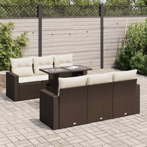 IKAYAA Rattan Gartenmöbel Set mit stauraum Gartenlounge Outdoor mit Verstellbare Tischplatte Polyrattan Lounge Terrassenmöbel für Garten Terrasse Balkon-Braun und Creme-7-tlg-Typ 3