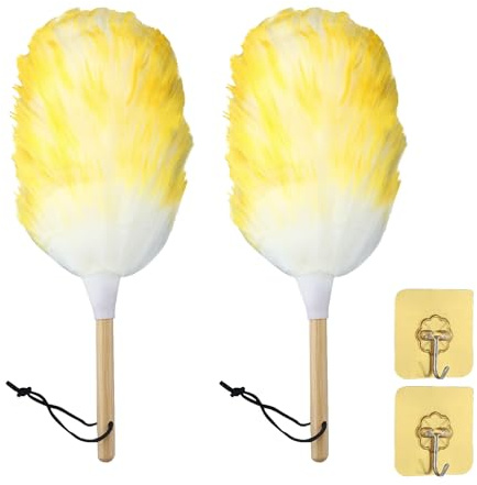 2 plumeros reutilizables de lana de cordero, pequeño plumero de mano para limpiar, mango de madera con gancho para plantas de pared, escritorio, herramienta plumero