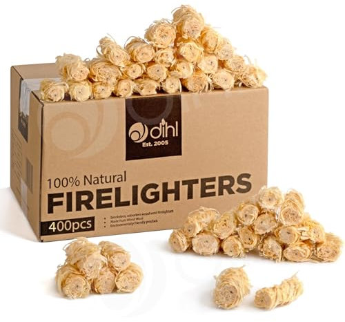 Dihl 400 x Natural Firelighters, Quick Wax Wood Wool Flame Fire Starters, Safe to Use. Ideal for BBQ, Barbecue, Fire Pit, Pizza Oven and Stoves – 400 Pack