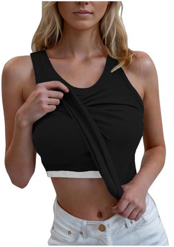 Damen Baumwolle Stretch Sommer Unterhemd Basic Tank Top Integriertem BH Ärmellose Yoga Workout Oberteil mit Cups Sport Shirts Regal Rundhalsausschnitt Bequeme BH Slim Cami Bluse
