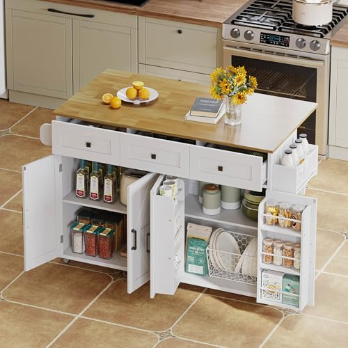 A ALFRESCOOL Isla de cocina, carrito de cocina, buffet, armario de cocina con encimera plegable, y 5 ruedas con bloqueo, 4 puertas, 3 cajones, toallero de doble cara, 140 x 70 x 90,5 cm (blanco)