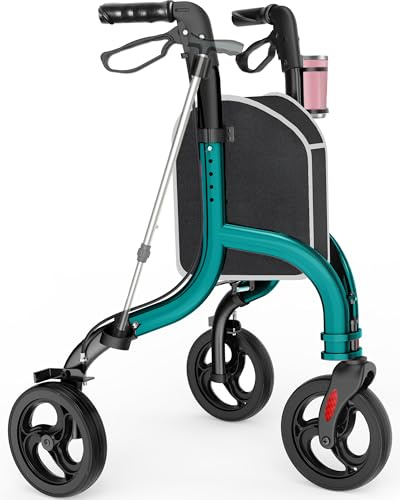HOMLAND 3 Wheel Walkers for Seniors, Foldable Wheeled Rollator with Cane Hold and Cup Hold, Lightweight Three Wheel Rolling Walker Height Adjustable for Seniors