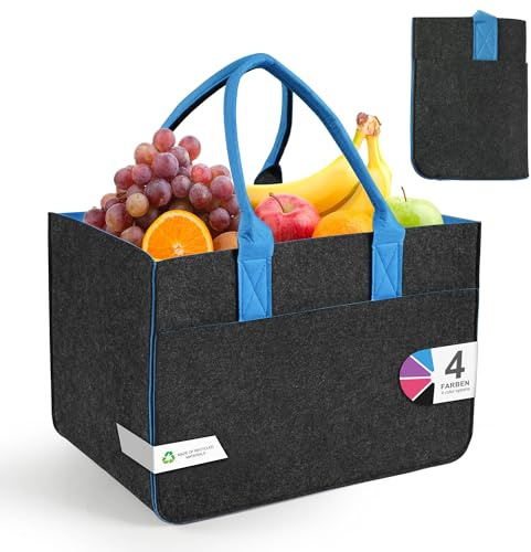 Aonext Einkaufstasche Groß aus Filz 30L – Filztasche groß faltbar mit Außentasche, moderne Shopping Bag als Filztaschen Shopper für Einkaufen, Markt & Alltag (Dunkelgrau – Hellblau)