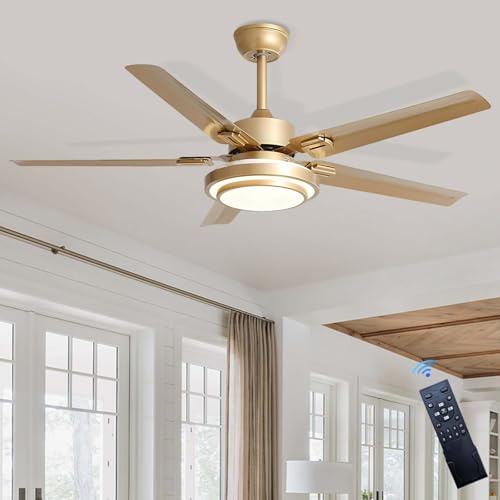 LASANYA Ventilateur Plafond Avec Lumiere, 6 Vitesses Lustre Ventilateur De Plafond, Reversible DC Moteur Pour Chambre, Salon,cuisine-Dorée||42 pouces