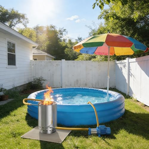 UISEBRT Chauffage de piscine avec feu - Poêle à bois chauffant en acier inoxydable avec spirale chauffante, bac à cendres et tapis de cheminée - Pour piscines - Raccords 32/38 mm