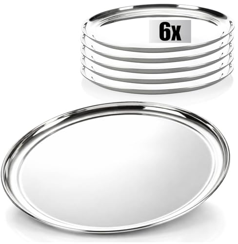 com-four® 6X Servier-Tablett aus Edelstahl Ø 33 cm, rundes Gastro-Tablett | Edelstahl Servierplatte - Deko-Teller für Buffet - Catering & Hotel