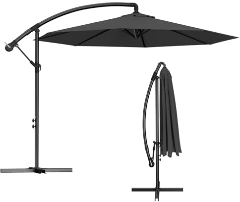 HENGMEI Ampelschirm mit Kurbel Gartenschirm UV-Schutz, Gestell und Ständer aus Alu, Kippbarer Terrassenschirm für Garten Balkon Terrasse (Ø350 cm, Dunkelgrau)