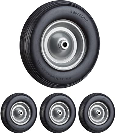 Relaxdays 4X Ruota per Carriola Gomma Piena con ASSE 4.80 4.00-8 di Ricambio, Carico Max 100 kg, Antipanne, Grigio Nero