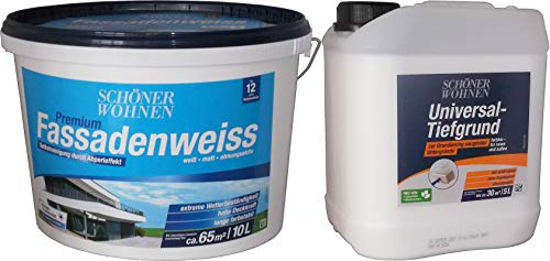 10 Liter SCHÖNER WOHNEN Premium Fassadenweiss mit 5 Liter Tiefgrund (für bisher ungestrichenen Untergrund)