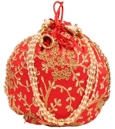 Touchstone Nouveau sac traditionnel indien brodé à la main motif floral cadeau bijoux mariage distribution de bonbons fausses perles cordon fantaisie couleur rouge vif sac pour femme