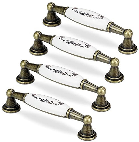 Mavö Möbelgriffe 4 Stück Landhausstil Schrankgriff gold antik Griff Porzellan Küchengriff Vintage Ornament Lochabstand, Griff für Möbel 96mm VADA.4 (Altgold)