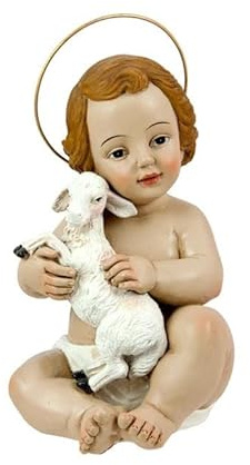Niño Jesus Sentado con Oveja de Resina Pintado a Mano de 15 cm