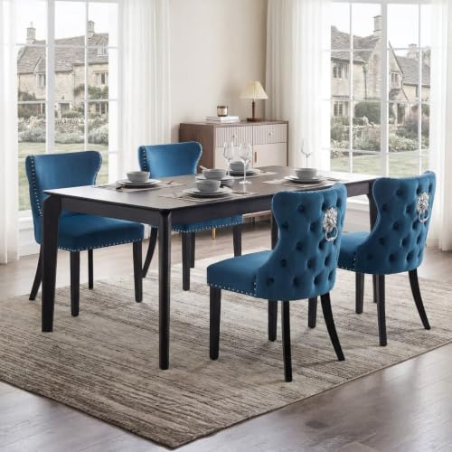 chairus Vintage Esszimmerstuhl 4er-Set, mit Samtbezug, Holzbeine, Blau | Elegante armlose Küchenstühle mit weichem Samtbezug und Massivholzbeinen, klasische Löwenkopf-Deko, für Wohnzimmer/Esszimmer