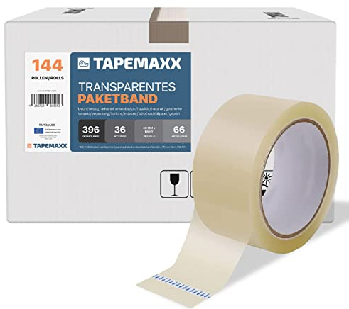 FYBR TAPEMAXX 144 Rollen Transparentes Paketklebeband Paketband Packband Packing Tape Paket Packetbandrolle Verpackungsband 48 mm x 66 m - Packetband Packetkleband Basic Pack Umzug Klar