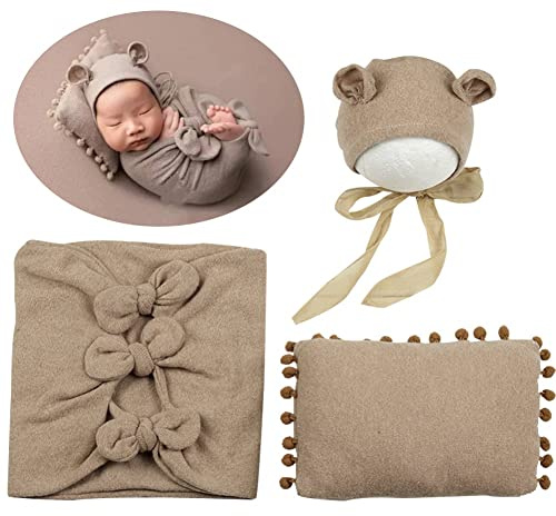 Lipfer Newborn Photography Wraps for Boy Girl Photoshoot Newborn Photography Props Outfits Baby Knit Wraps Posing Pillow Bear Hat Set Photo Accessories