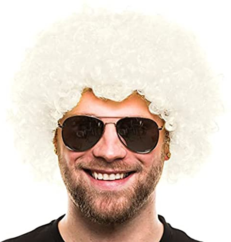 KAYLRE KALUROIL Afro PERÜCKE Lockenkopf Wig Black Afroperücke Lockenperücke Fasching Karneval Unisex 70er Jahre Funky Afro Perücke, One Size（Weiss）