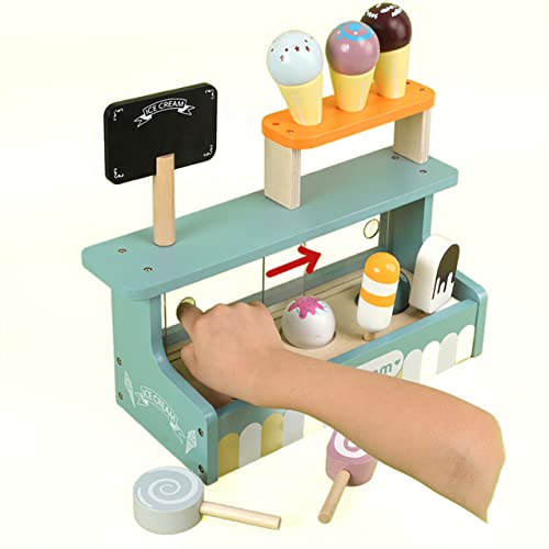 COO11 Kids Pretend Play Ice-cream parlor Wooden Counter with Transparent Display for Toddlers Wood Cart Simulation Gifts for Boy and Girl