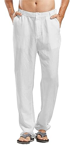 LVCBL Pantaloni lunghi da uomo, in lino, leggeri, vestibilità larga, per il tempo libero, taglia M-3XL, bianco, M