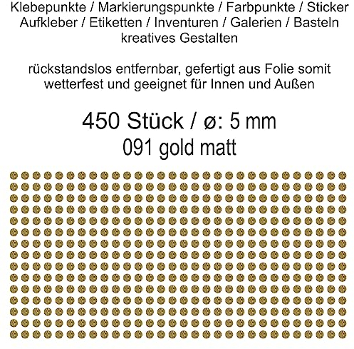 Aufkleber Etiketten Klebepunkte aus Folie 450 Stück gold matt rund 5 mm selbstklebend farbig wetterfest Decal Markierungen Organisieren DIY basteln verzieren Modellbau Scrapbooking
