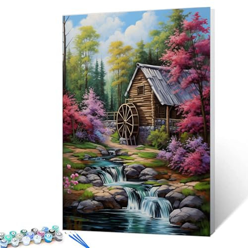 Tucocoo Kit per dipingere con i numeri, paesaggio con cascate, con pennelli e pigmento acrilico su tela per adulti, immagine di capanna di tronchi, foresta, alberi, decorazione da parete per casa,