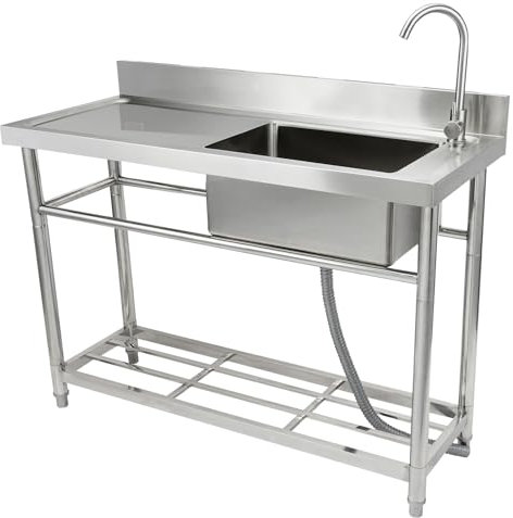 VEVOR Stainless Steel Utility Sink, Free Standing Single Bowl Commercial Kitchen Sink Set w/Workbench, 39.4 x 19.1 x 37.4 in Commercial Single Bowl Sinks for Garage, Restaurant, Laundry, NSF Certified