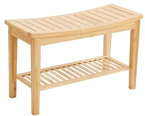 FLEAGE Panca da Doccia Impermeabile in bambù con ripiano portaoggetti - Elegante Sgabello in Legno per Bagno, Spa e Sauna - Resistente e Versatile