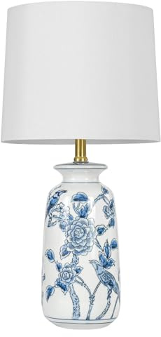 EUO 24.25 Blue Ceramic Table Lamp for Living Room, Classic Blue and White Lamp for End Table, Ceramic Birds and Flowers Lamps, Traditional China Nightstand Lamps for Bedroom