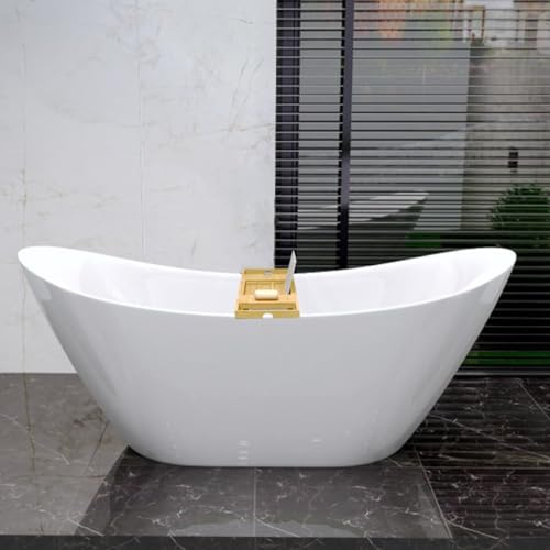 KOLMAN Freistehende Badewanne 180x80 cm IVAR, Ablaufgarnitur Click-Clack Gratis, Weiß, Exclusive, Modern + Bambus Badewannenablage