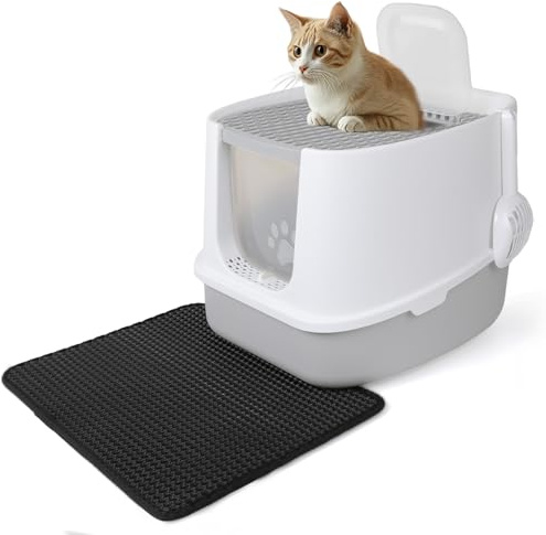 CALIYO Katzenklo mit Deckel - Anti-Geruch Katzenklo Geschlossen mit Hoher Rand, Katzentoilette mit Sieb & Matte für Große Katzen bis 7.5kg, Cat Litter Box (Grau-Weiß, 51×45×40 cm)